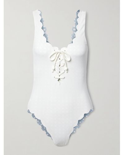 Marysia Swim Palm Springs Reversible Lace-up Scalloped Seersucker Swimsuit - White