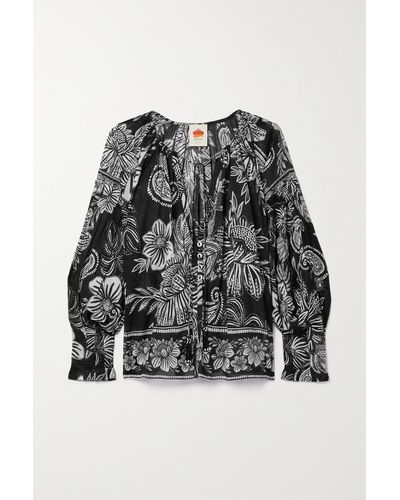 FARM Rio Tie-detailed Bead-embellished Printed Cotton-voile Blouse - Black
