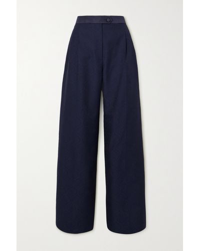 Etro Pleated Silk-trimmed Cotton And Wool-blend Jacquard Wide-leg Trousers - Blue