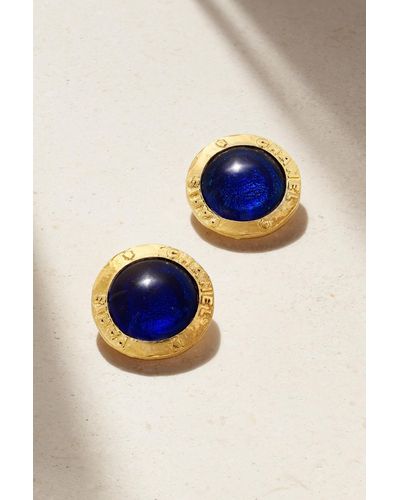 Chanel Hammered Gold-plated Glass Clip Earrings - Blue