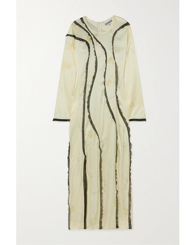 Ganni Lace-trimmed Floral-print Stretch-organic Silk-satin Maxi Dress - Natural