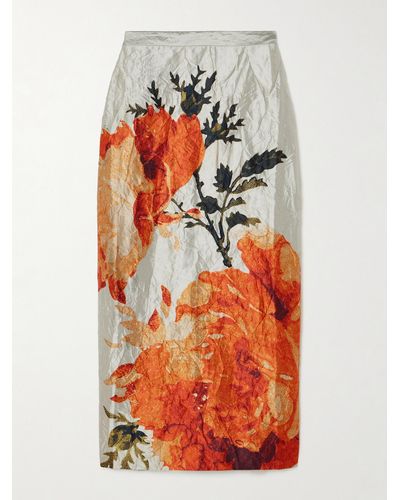 Erdem Midirock Aus Satin In Knitteroptik Mit Blumenprint - Orange