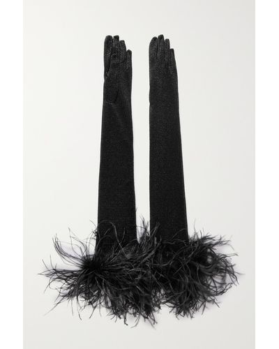 Oséree Lumière Plumage Feather-trimmed Metallic Stretch-knit Gloves - Black