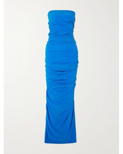 Proenza Schouler Odette Strapless Gathered Stretch-satin Jersey Maxi Dress - Blue