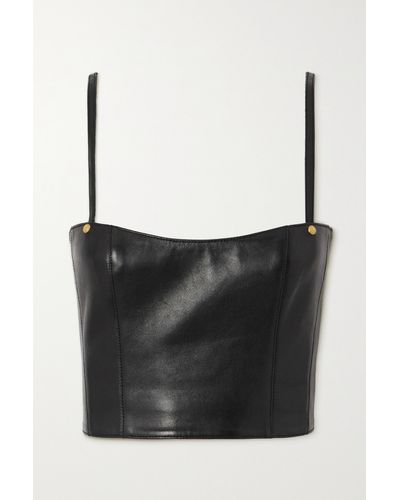 Balmain Cropped Embellished Leather Bustier Top - Black