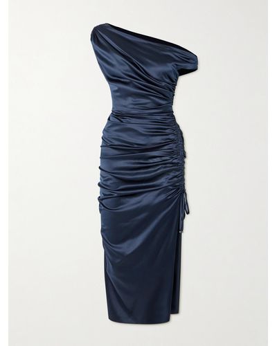 Veronica Beard Kadie Asymmetric Ruched Stretch-silk Satin Midi Dress - Blue
