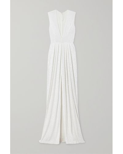 Naeem Khan Petra Pleated Sequined Tulle Gown - White