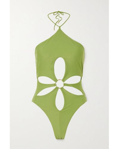 Cult Gaia Aster Embellished Cutout Recycled Halterneck Swimsuit - Green