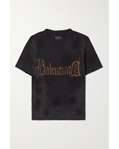 Balenciaga Verkürztes T-shirt Aus Baumwoll-jersey In Distressed-optik Mit Prints - Schwarz
