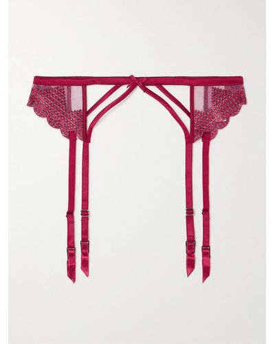 Fleur du Mal Silk Blend Satin-trimmed Metallic Embroidered Tulle Suspender Belt - Pink