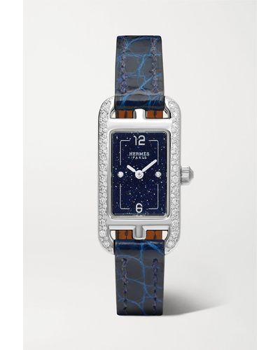 Hermès Nantucket Serti Joaillier 29 Mm Kleine Uhr Aus Edelstahl Mit Diamanten Und Alligatorlederarmband - Blau