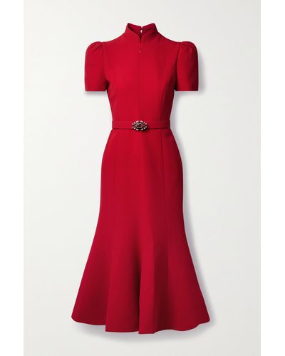 Andrew Gn Belted Crystal And Faux Pearl-embellished Crepe Midi Dress - Red