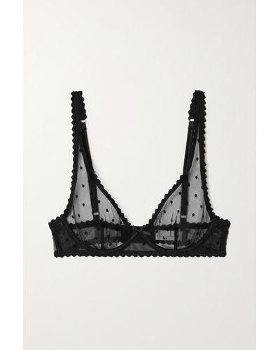 Fleur du Mal Dotty Satin-trimmed Swiss-dot Tulle Underwired Bra - Black