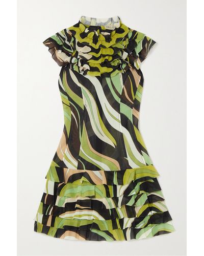 Emilio Pucci Ruffled Tiered Printed Stretch-mesh Mini Dress - Green