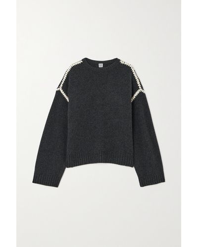 Totême Oversized Embroidered Wool And Cashmere-blend Jumper - Black