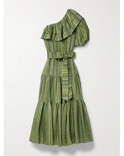 Lisa Marie Fernandez + Net Sustain Arden One-sleeve Ruffled Striped Linen-blend Maxi Dress - Green