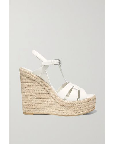 Saint Laurent Tribute Woven Leather Espadrille Wedge Sandals - White