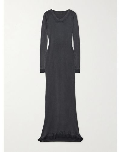 Balenciaga Distressed Lace-trimmed Ribbed Cotton-jersey Maxi Dress - Black