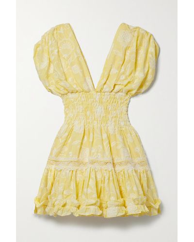 Waimari Paloma Smocked Guipure Lace-trimmed Embroidered Cotton-voile Mini Dress - Yellow