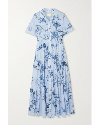 Erdem Midi-hemdblusenkleid Aus Baumwoll-voile Mit Blumenprint Und Teilungsnähten - Blau