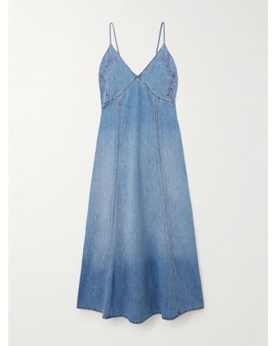 Chloé + Net Sustain Midikleid Aus Chambray Aus Einer Mischung Aus Recycelter Baumwolle Und Leinen Mit Lochstickerei - Blau