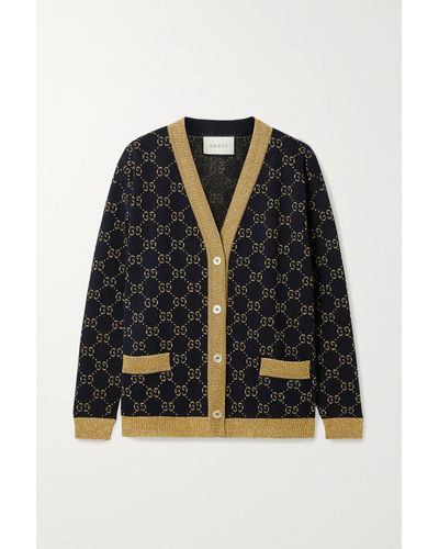 Gucci Monogram-pattern Ribbed-trim Cotton-blend Knitted Cardigan - Blue