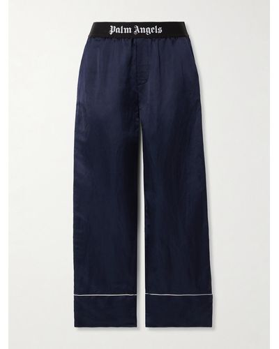 Palm Angels Logo-jacquard Piped Linen-blend Satin Pyjama Trousers - Blue
