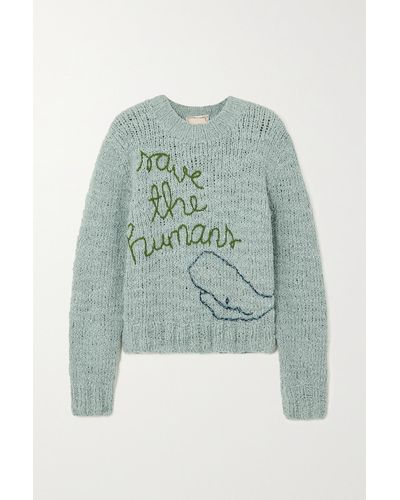 Lingua Franca Save The Humans Embroidered Cotton Sweater - Green