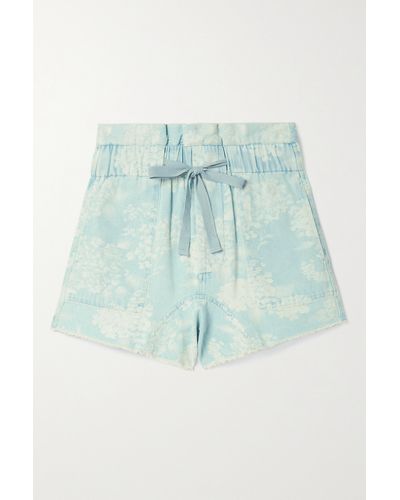 The Great The Midland Frayed Floral-print Denim Shorts - Blue