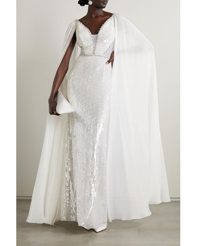 Jenny Packham Cape-effect Embellished Tulle And Chiffon Gown - White