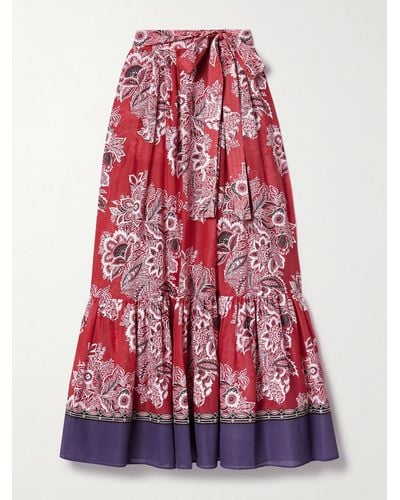 Etro Belted Printed Cotton And Silk-blend Voile Midi Skirt - Red