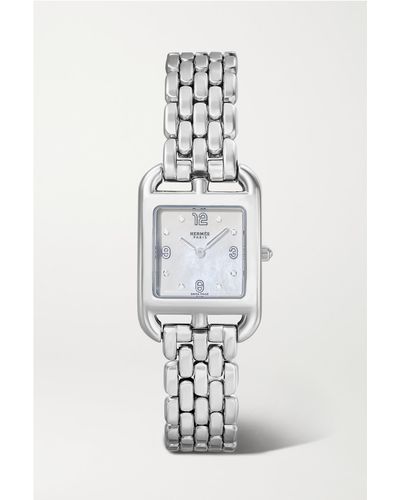 Hermès Cape Cod 31 Mm Kleine Uhr Aus Edelstahl Mit Perlmutt Und Diamanten - Weiß