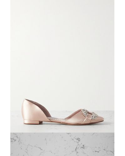 Manolo Blahnik Luanda Crystal-embellished Satin Point-toe Flats - Natural