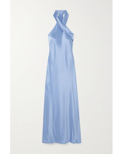 Galvan London Pandora Satin Halterneck Midi Dress - Blue