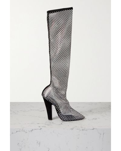 Saint Laurent Kniehohe Stiefel Aus Netzmaterial Mit Velourslederbesätzen Und Kristallen - Grau
