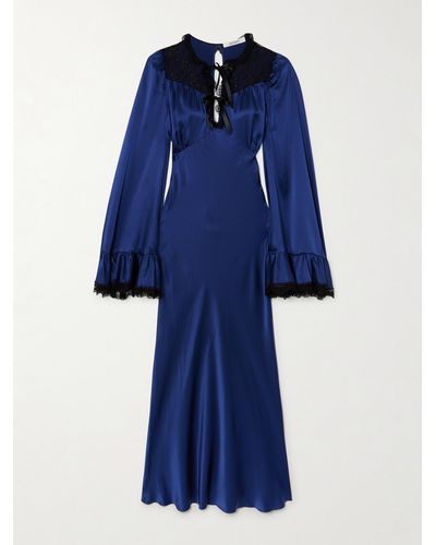 Rodarte Bow-detailed Ruffled Lace-trimmed Silk-charmeuse Midi Dress - Blue