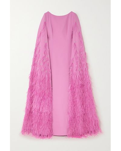 Huishan Zhang Madalena Cape-effect Crystal-embellished Feather-trimmed Crepe Gown - Pink