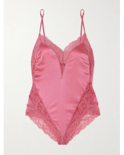 Fleur du Mal Venus Lace-trimmed Silk-blend Satin Bodysuit - Pink