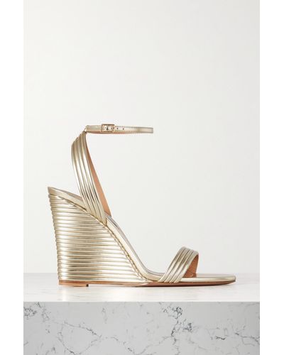 Aquazzura Wow 95 Metallic Leather Wedge Sandals - Natural