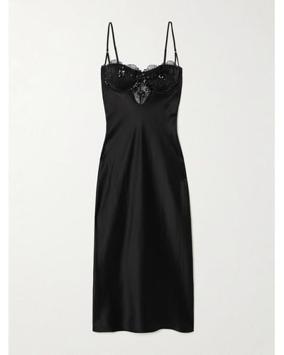 Fleur du Mal + Net Sustain Sequined Embroidered Tulle-trimmed Stretch-silk Satin Chemise - Black