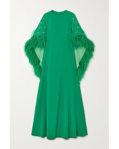 Huishan Zhang Christelle Cape-effect Crystal And Feather-embellished Crepe Gown - Green