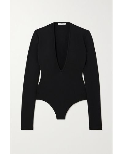 Women's Black Short Sleeve Rib Jersey V Neck Bodysuit