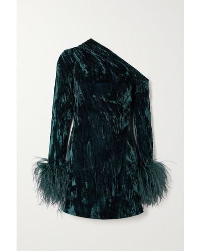 16Arlington Mini-robe Asymétrique En Velours Frappé À Plumes Adelaide - Bleu