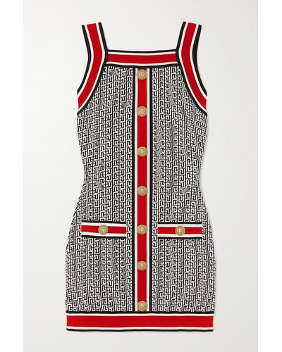 Balmain Minikleid Aus Jacquard-strick Mit Zierknöpfen - Rot