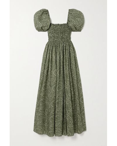 Matteau + Net Sustain Shirred Floral-print Organic Cotton-poplin Midi Dress - Green