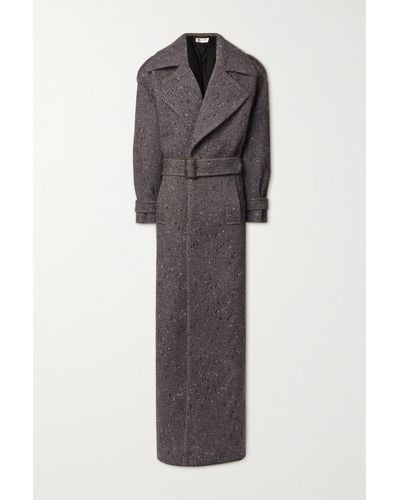 Saint Laurent Belted Herringbone Wool-blend Coat - Grey