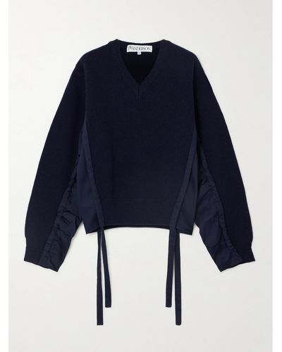 JW Anderson Tie-detailed Cotton Jersey-paneled Ribbed Wool-blend Jumper - Blue