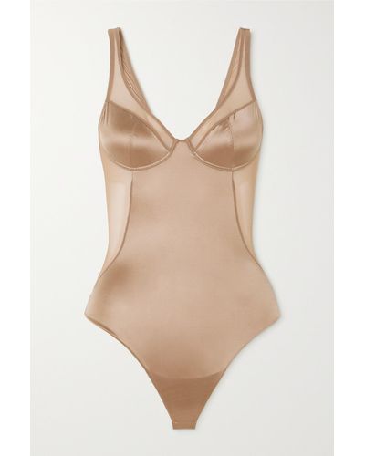 Spanx Shaping Mesh-trimmed Stretch-satin Thong Bodysuit - Natural