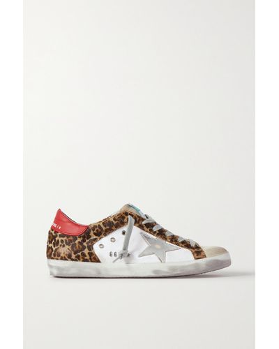 Golden Goose Superstar Distressed Leopard-print Calf Hair, Leather And Suede Sneakers - White