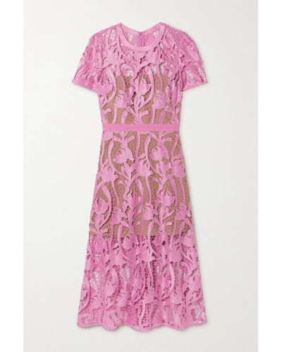 Self-Portrait Grosgrain-trimmed Embroidered Satin And Guipure Lace Midi Dress - Pink